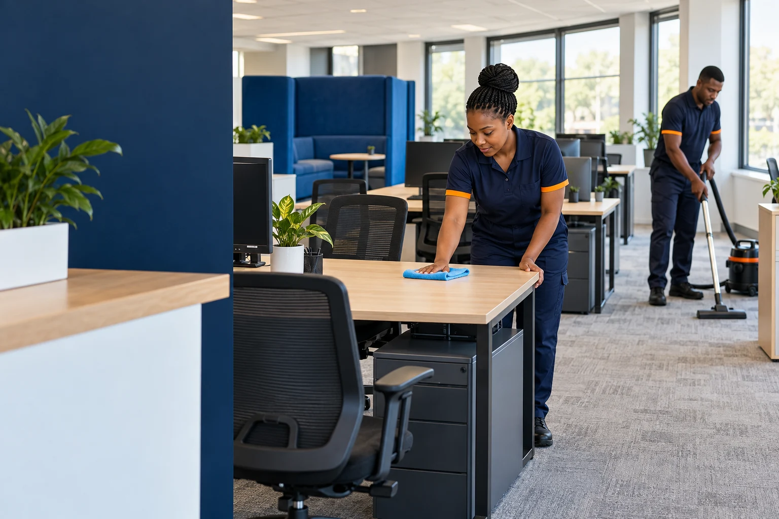 Two cleaning professionals at work in an open-plan office, one wiping a desk and one vacuuming